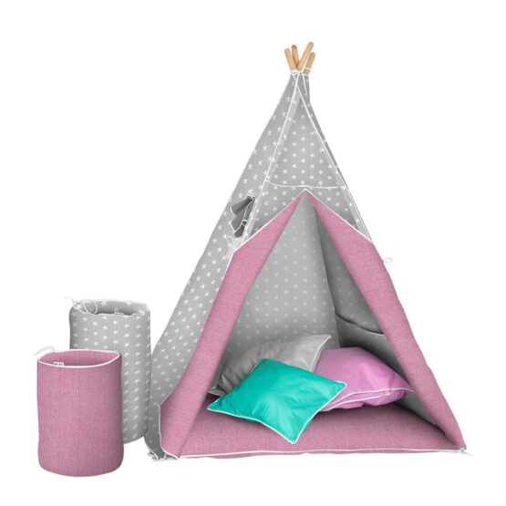 Detský luxusný stan s výbavou Teepee Akuku sivo-ružový