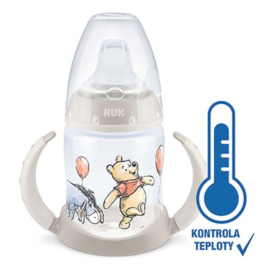 Dojčenská fľaša na učenie NUK Medvedík Pú s kontrolou teploty 150 ml béžová
