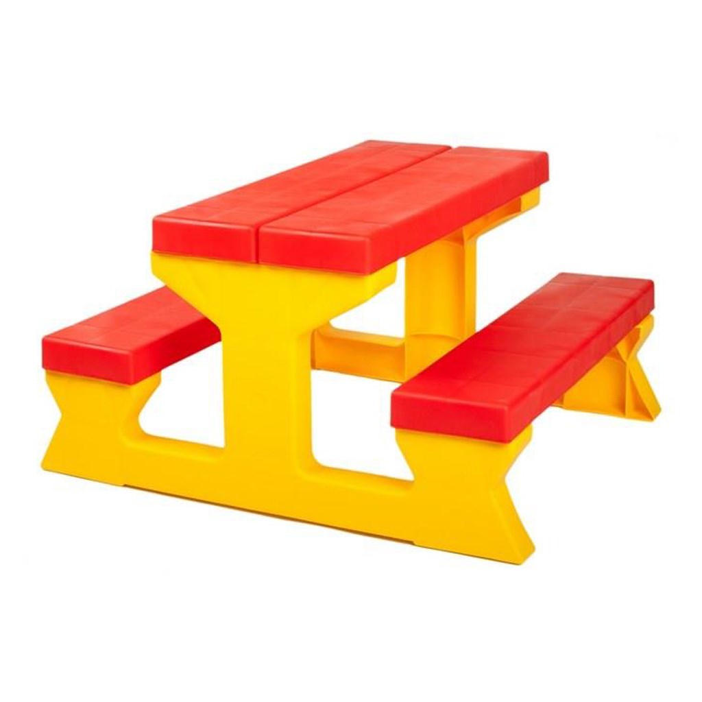 Detský záhradný nábytok – Stôl a lavičky červeno-žltý