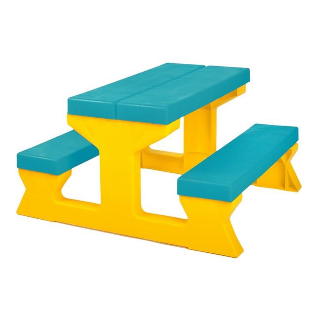 Detský záhradný nábytok – Stôl a lavičky tyrkysovo-žltý