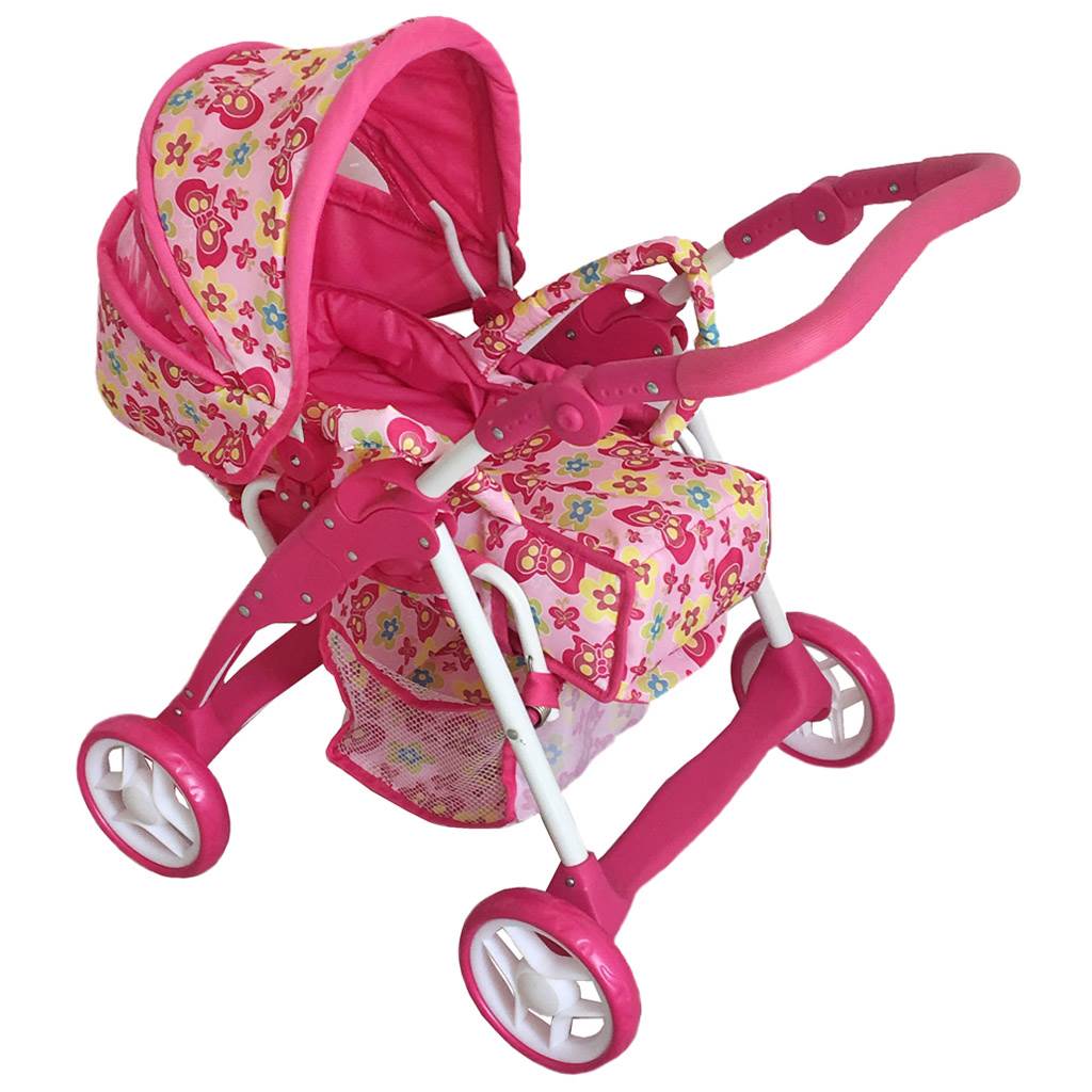 Detský kočík pre bábiky 2v1 Baby Mix ružový – motýli