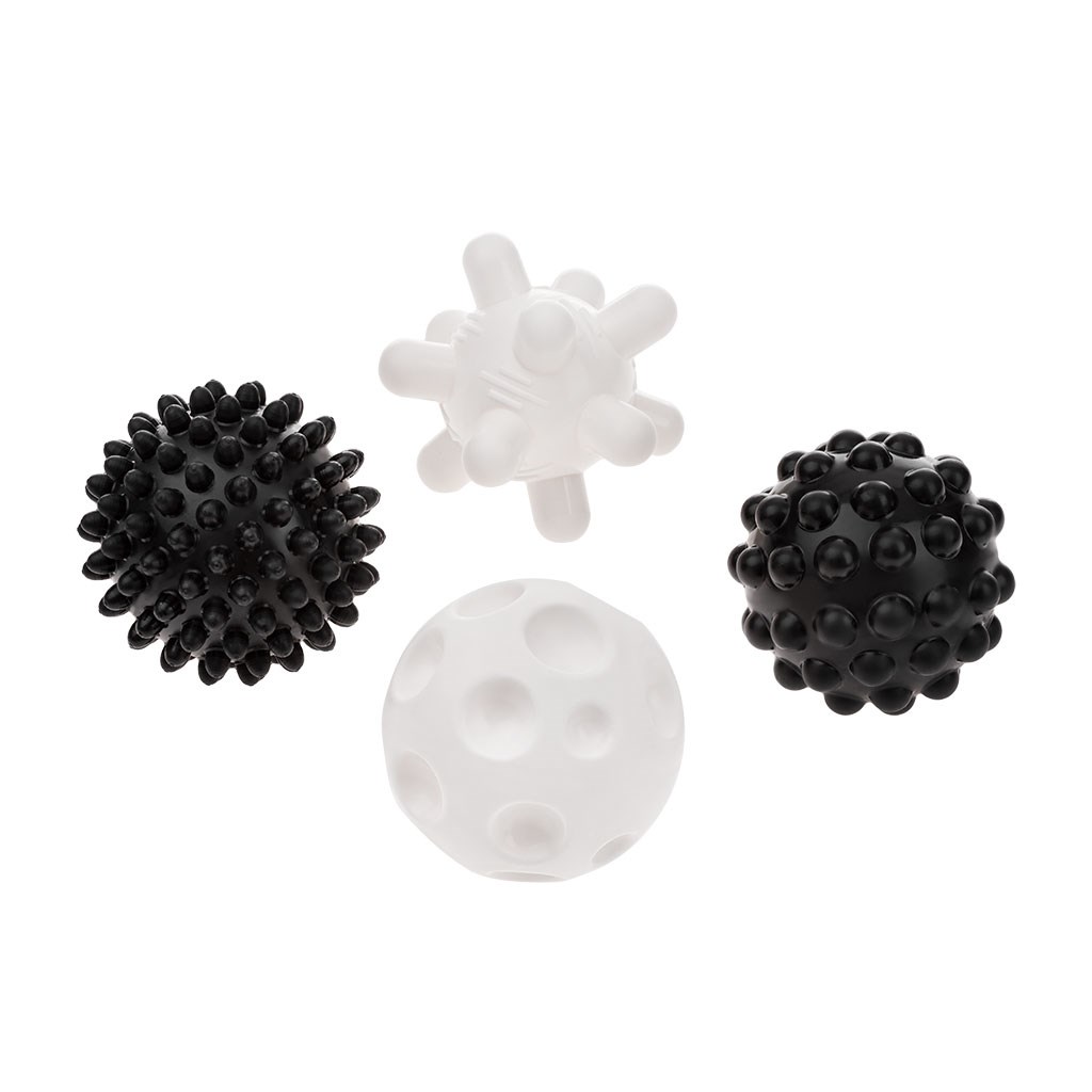 Sada senzorických hračiek Akuku balóniky 4ks 6 cm čiernobiele